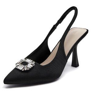 Rilista Size 8 Heels Slingback Black Suede Faux Rhinestone Pointed Toe